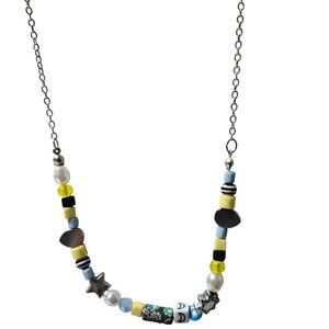 Handcrafted Beaded Necklace Floral Star Charms Yellow Blue Black Silver Accents